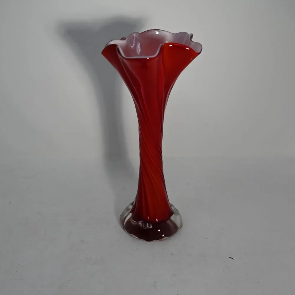 Vintage Czech Red Art Glass Bud Vase Fluted Twist Swirl Ruffled Rim 10 Inch
